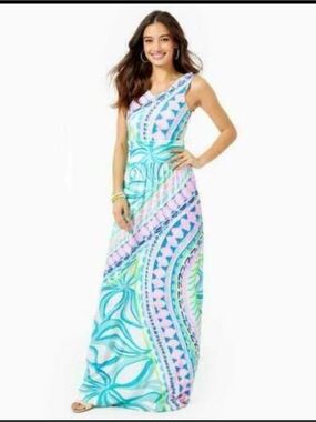 Lilly Pulitzer Marco Maxi Dress Coco Island Print Sleeveless Ruched Size Small